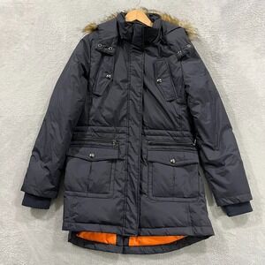 Sam Edelman Down Jacket Women Medium Blue Faux Fur Removable Hooded Winter Parka